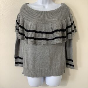 Very J Ruffle Top Knit Comfy Cozy Cozycore Grey Striped Knitted Sweater Large